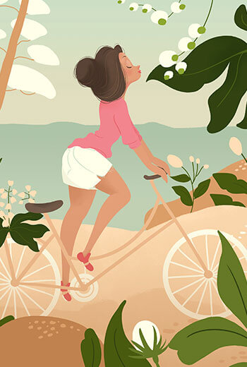 Bonita ilustración de una chica con su bicicleta